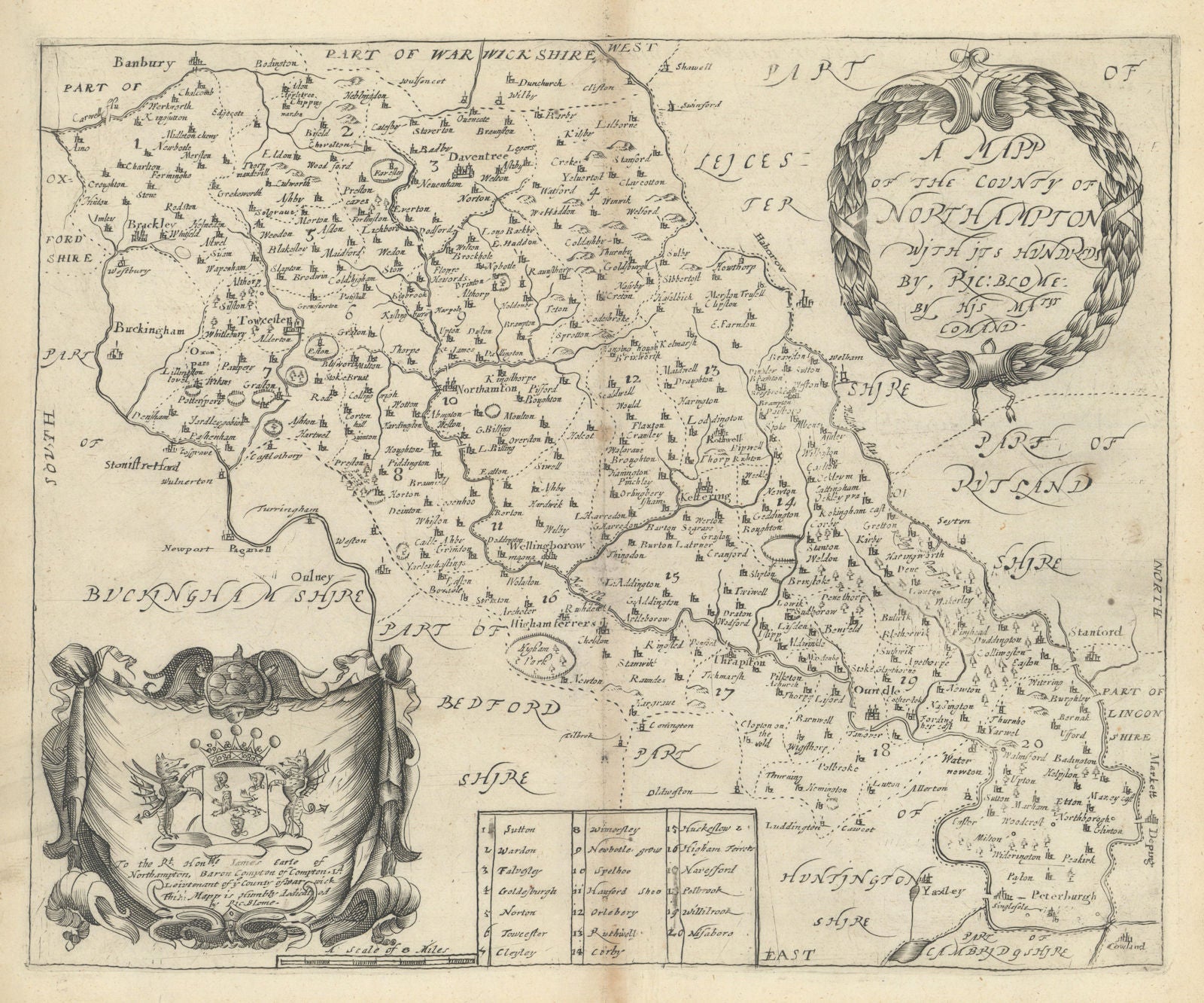 A Mapp of the County of Northampton with its Hundreds by Richard Blome 1673